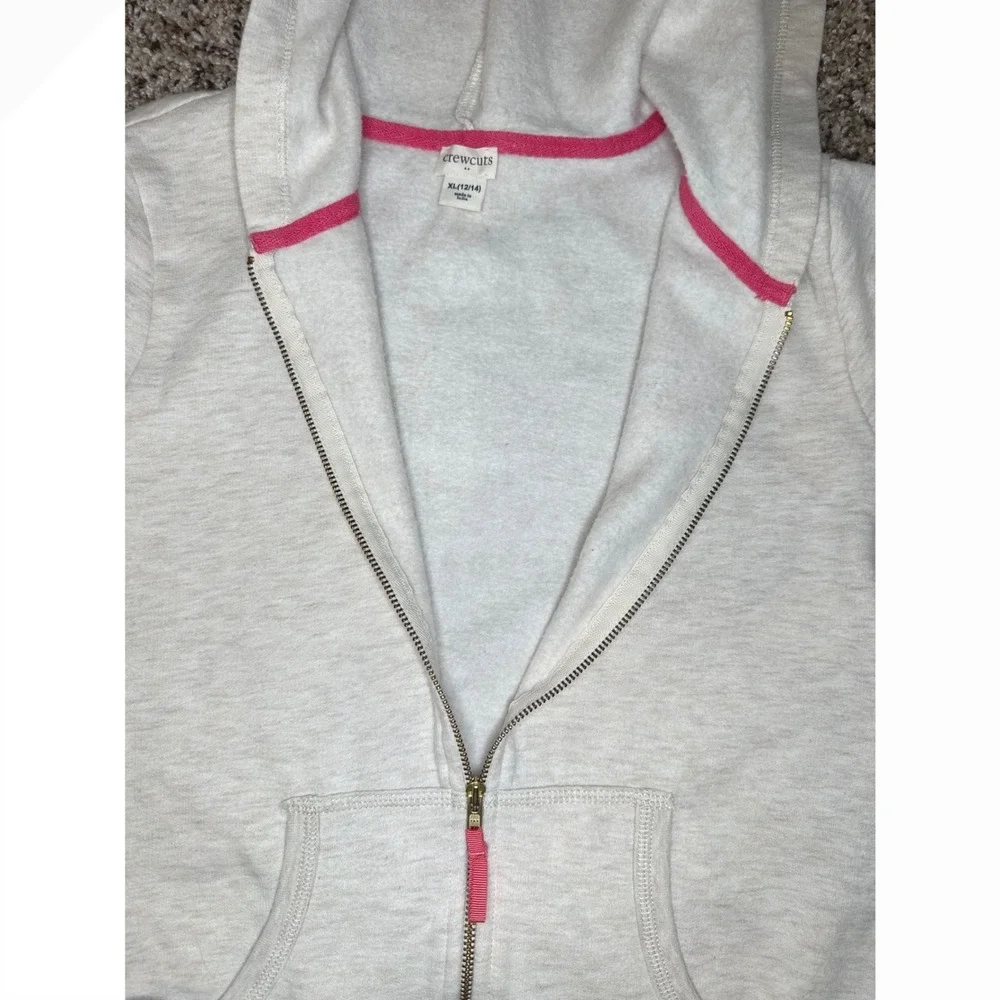 Crewcuts‎ J Crew Girls XL 12-14 Oatmeal Heather Fleece Zip Up Hoodie Pink Trim